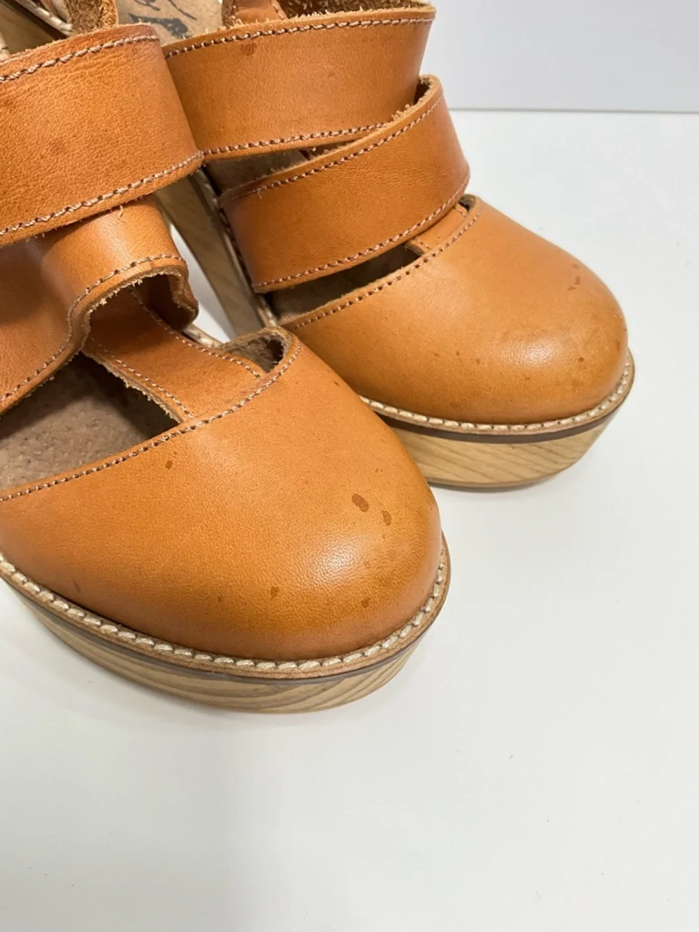 Free People Mix It Up Platform Sandals Cognac Leather Wood Heel Size 7.5